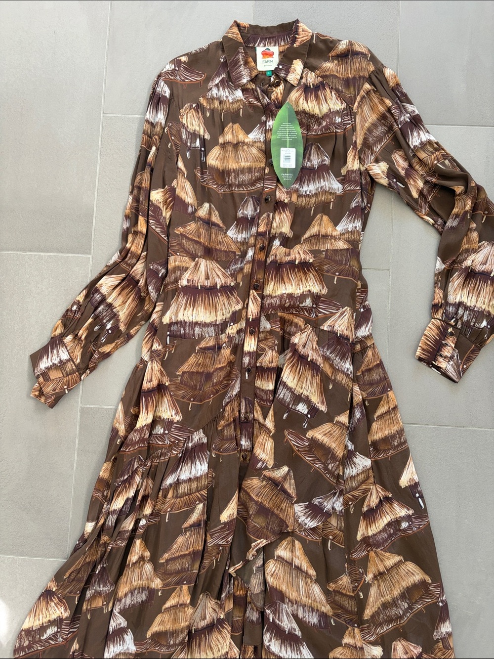 FARM Rio Malocas Brown & Tan Botanical-Print Long-Sleeve Maxi Dress nwot